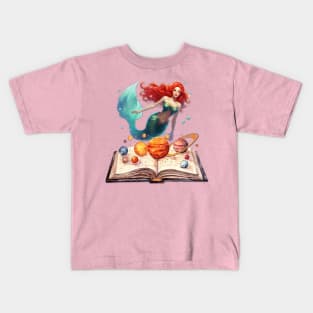 Mermaid reading book on magical planets Kids T-Shirt